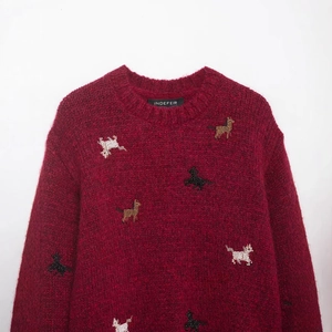 Deep red mohair knit sweater with exquisite animal sequin embroidery and a crew neck