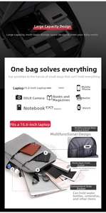 Detail of grey laptop backpack with multi-layer front pockets and 15.6 inch laptop compartment