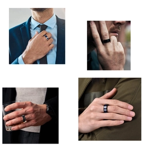Men's titanium steel rings set featuring black matte, blue brushed, and Celtic dragon patterns