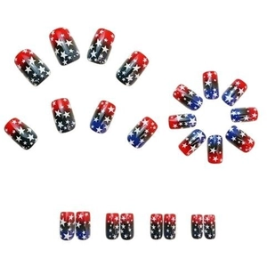 Long square press-on nails featuring red and blue starry galaxy gradient with star patterns