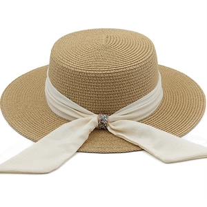 Women Elegant Straw Boater Hat Wide Brim Sun Protection Beach French Retro Style Flat Top With Rhinestone Ribbon Buckle