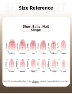 Detailed size chart for short ballerina press-on nails featuring 12 sizes with dimensions