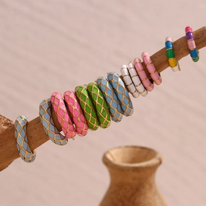 Detail of colorful enamel grid pattern earrings hanging on natural wood branches