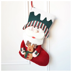Detailed view of 3D Santa and reindeer plush decoration on a knitted Christmas stocking