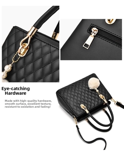Close-up of elegant black quilted tote bag with oxidation-resistant gold-tone hardware detail
