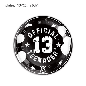 Detail of black 13th birthday paper plates featuring retro gaming icons and 23cm size