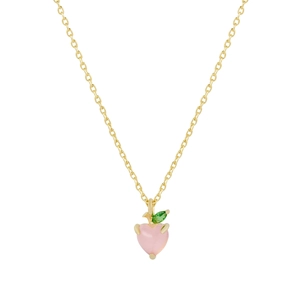 Close-up of gold chain featuring a pink peach pendant with small green leaf detail