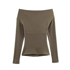 Flat lay of an olive green boat neck long sleeve top with detailed fabric texture