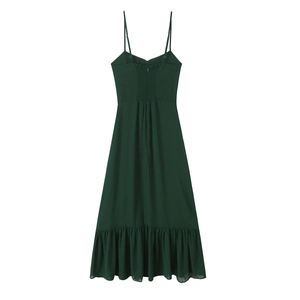 Women's dark green spaghetti strap dress with smocked back and ruffled hemline