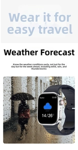 Detail showing the smart watch weather interface with temperature display and waterproof design
