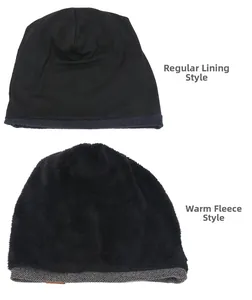 Detail view comparing standard smooth lining and thick warm fleece lining in black beanies