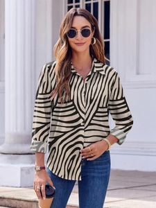 Chic long-sleeved zebra print shirt with classic lapel collar and button-down front for women