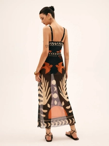 Retro print mesh sleeveless maxi dress for beach vacation in black with abstract moon pattern
