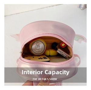 Detail view of pink cute mini backpack internal storage space for children essentials