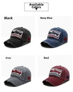 Detailed grid view of washed cotton baseball caps in black, navy, grey, and red colors