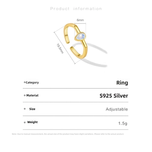 Detail of S925 sterling silver adjustable water drop ring with 19.5mm diameter
