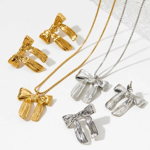 Stainless Steel Bowknot Necklace And Earrings Jewelry For Women Sweet Textured Bow Pendant Accessories Elegant