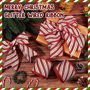 Glitter wired Christmas ribbon rolls with festive red white and green stripes for DIY bows