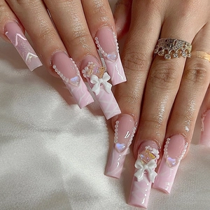 Long Coffin Press On Nails Pink French Tip Marble Design With 3D Bow And Artificial Pearl Decoration Sweet Elegant Fake Nails
