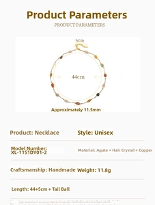 Detailed view of handmade beaded necklace specs featuring agate and copper components