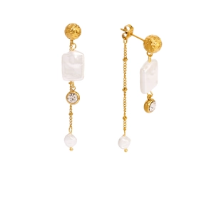 Boucles d'oreilles dorées avec nacre carrée et pendentif en cristal étincelant