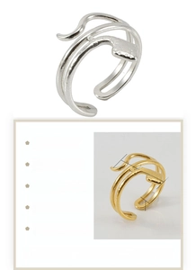 Detail view of adjustable snake ring in gold and steel finish with precise measurements