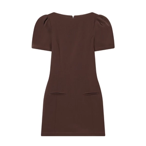 Short sleeve brown mini dress with puff sleeves and front pockets in flat lay style