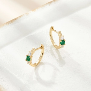 Elegant gold S925 silver hoop earrings featuring green gemstones and white zircons