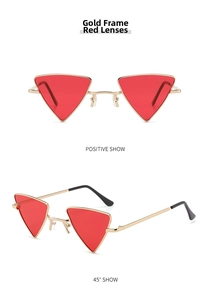 Front and 45 degree views of gold frame triangle sunglasses with red lenses