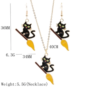 Detailed size specifications for black cat on broom Halloween jewelry set earrings and necklace