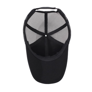 Lightweight black mesh baseball cap with ponytail hole and extended brim for sun protection