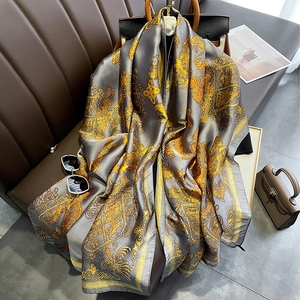 Vintage Baroque Printed Polyester Satin Scarf For Women Luxurious Large Shawl Soft Lightweight Gold Foil Wrap For Party Travel