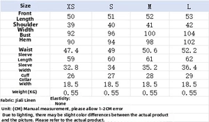 Detailed sizing chart for short cropped jacket with measurements in centimeters for XS to L