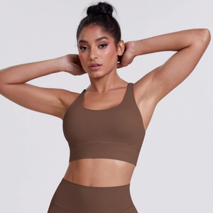 Mocha brown brushed workout set featuring a cross-back sports bra and high-waist leggings