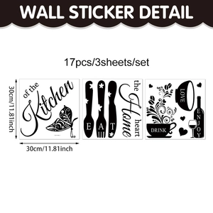17pcs kitchen wall stickers set with coffee cups and cutlery, 30x30cm black wall decals