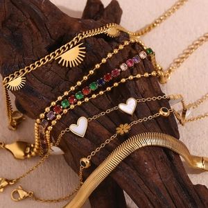 Women 18K Gold Plated 316L Stainless Steel Bracelet Heart Flower Sun Pendants Snake Chain Mother Of Artificial Pearl Jewelry