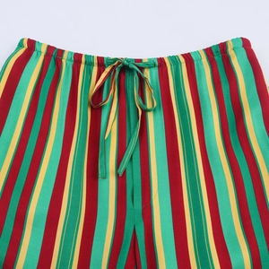 Women fashion casual striped pants with red, green, and yellow vertical stripes and drawstring