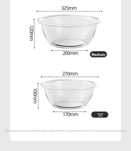 Size chart showing medium and small transparent washbasins with diameter and height dimensions