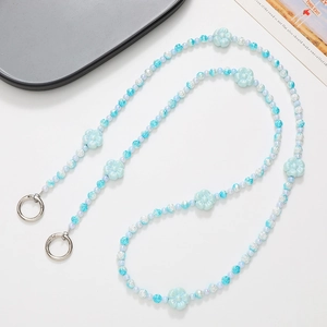 Long beaded blue and white flower phone strap with acrylic beads and silver rings