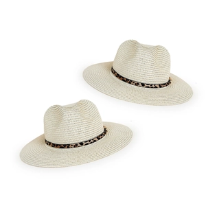 Classic straw sun hat with leopard print band in minimalist beige woven style