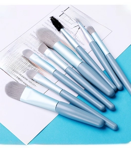 Detailed view of 8-piece makeup brush set with gray bristles on blue-gray handles