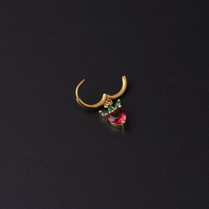 Golden 8mm stainless steel hoop earring with red heart-shaped strawberry fruit pendant