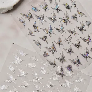 3D Relief Nail Art Stickers Butterfly Rose Patterns With Rhinestones Aurora Laser Adhesive Manicure Decoration For Women