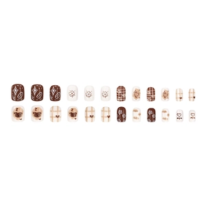 Faux ongles à coller avec ours marron et fleurs, 24 pièces de style mignon et carreaux
