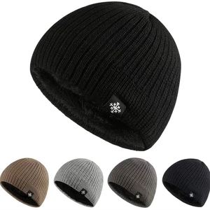 Winter thermal knit beanie hat with fleece lining and snowflake patch in four colors