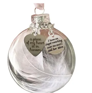 Memorial Christmas ornament 6cm clear ball with white feather and heart pendant charms