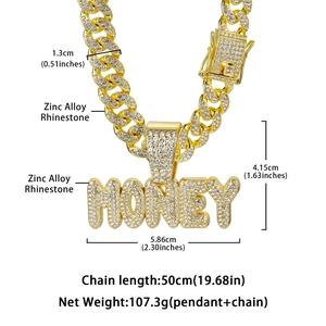 Hip hop golden cuban link necklace with iced out money pendant and sparkling rhinestones