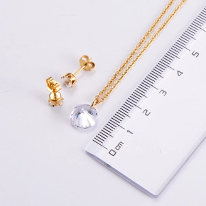 Detailed size measurement of gold necklace and stud earrings set with clear zircon