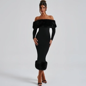 Elegantes schulterfreies figurbetontes Midikleid mit luxuriösem Kunstpelzbesatz