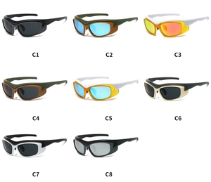 Grid display of eight sports sunglasses styles with detachable frames for cycling